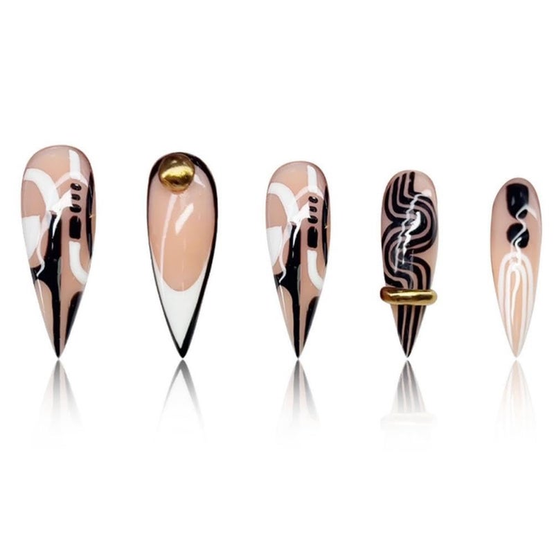 Maigitur Handmade Press on Nails Long Stiletto Fake Nails with 3D Gold Rhinestone Lines Design Black White Striepd Stick on Nails Curve False Nails Glossy Fall Nail for Women Girls Manicure 24Pcs - Image 3